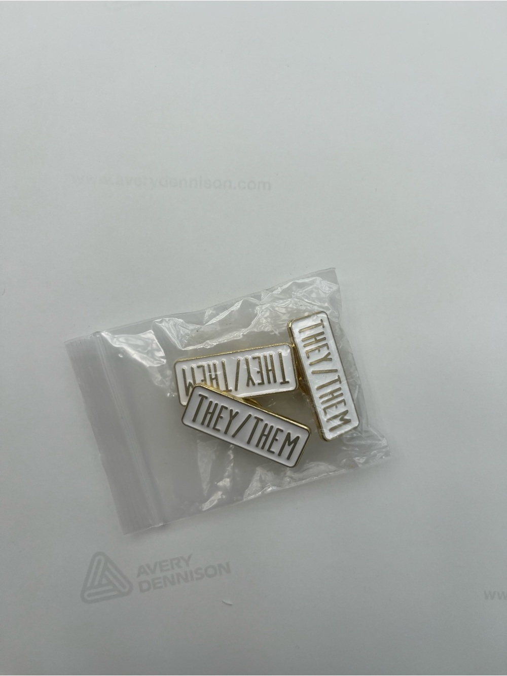 They/Them Enamel Pins - White and Gold Pronoun Badge